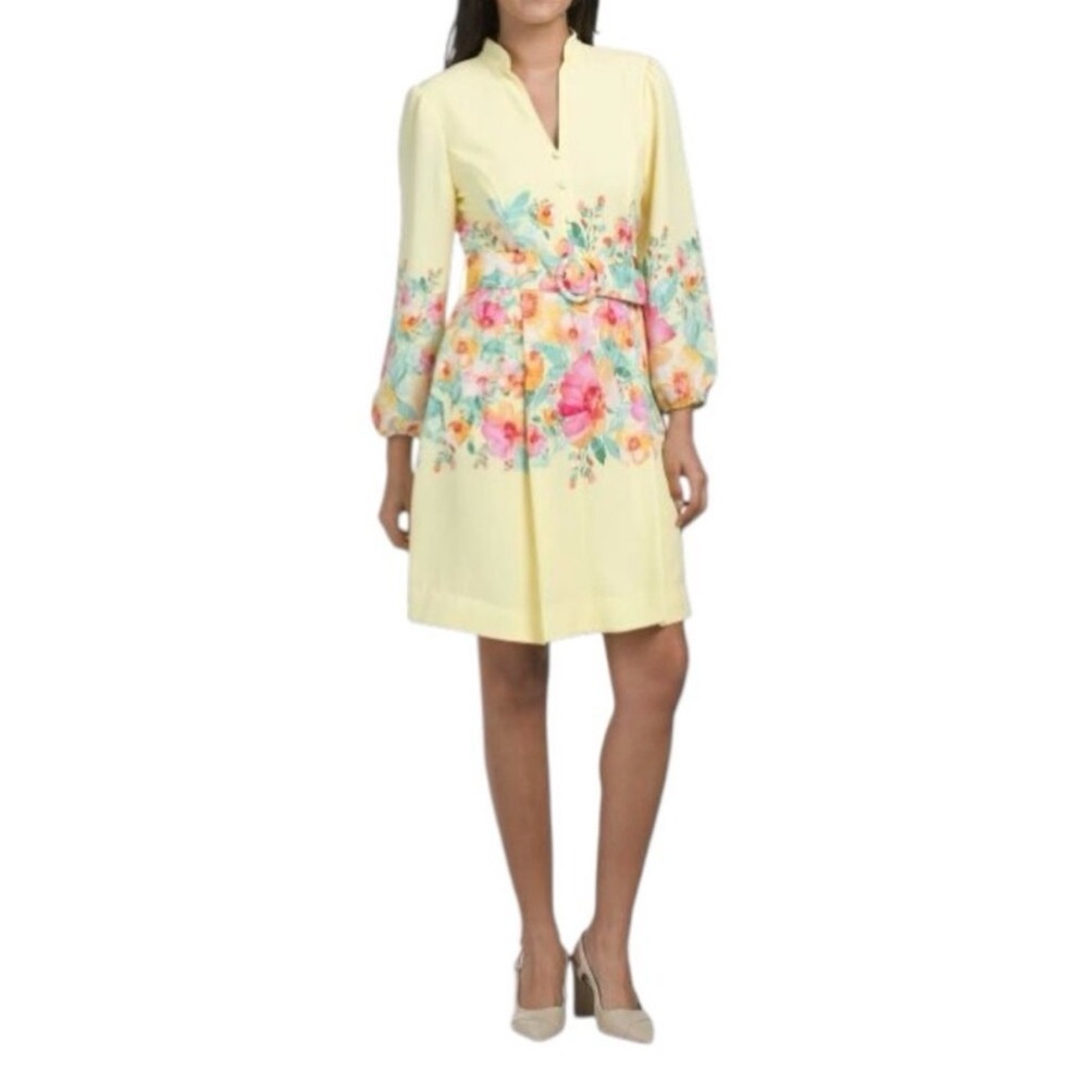 Tahari ASL Yellow Floral Belted Dress with side pockets Size 6